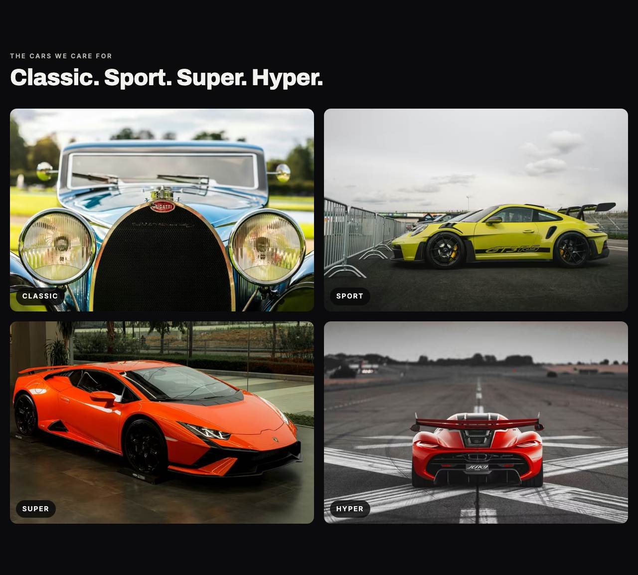 Halcyon Auto Atelier website on a computer. Gallery: Wide photo tiles, two per row.