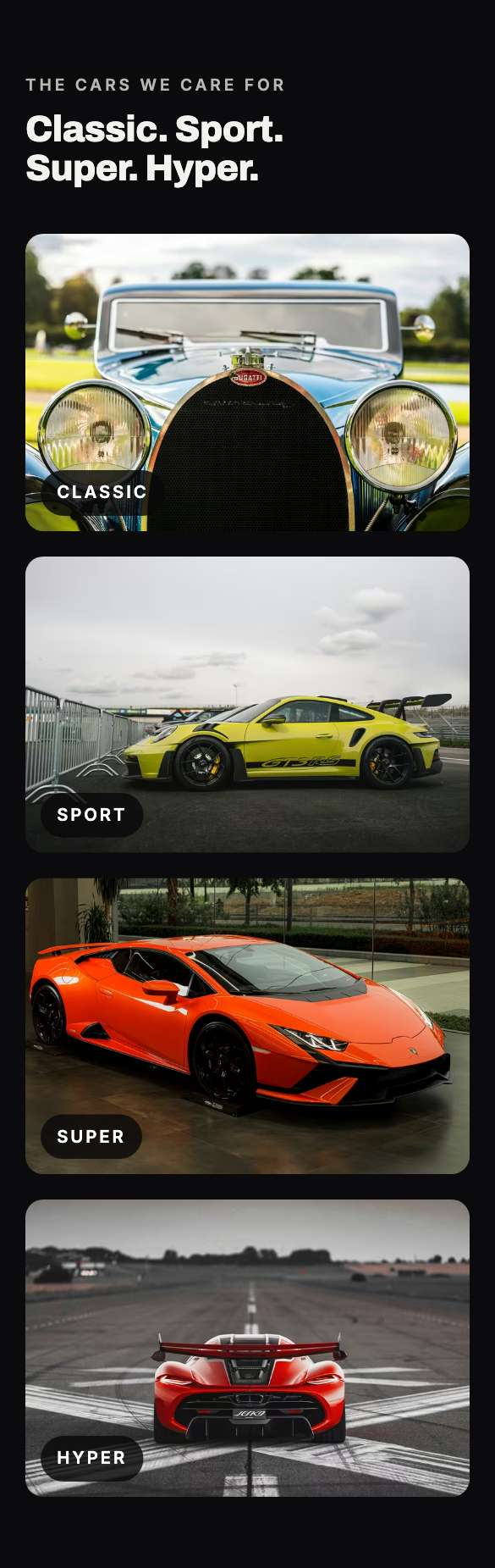 Halcyon Auto Atelier website on a phone. Gallery: Wide photo tiles, two per row.