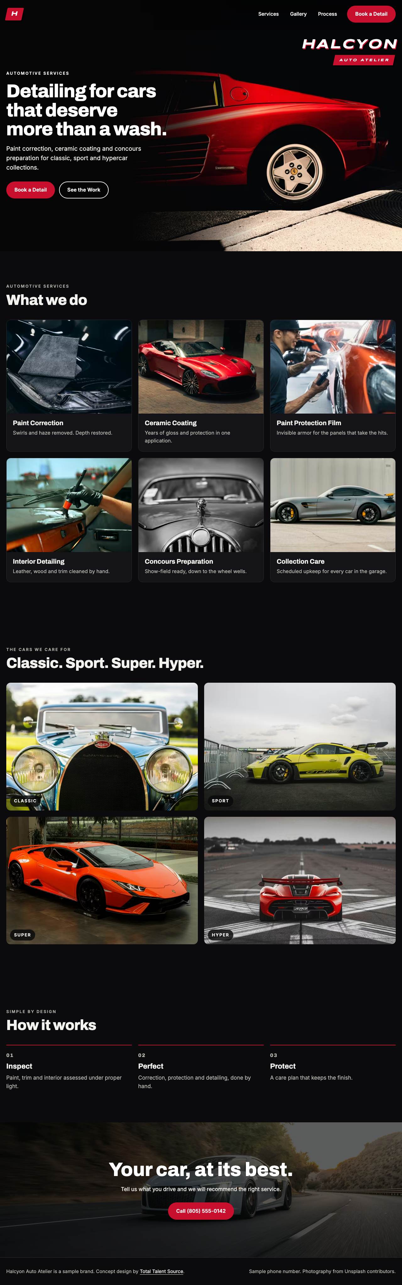 Halcyon Auto Atelier website on a computer. Full page: The whole landing page.
