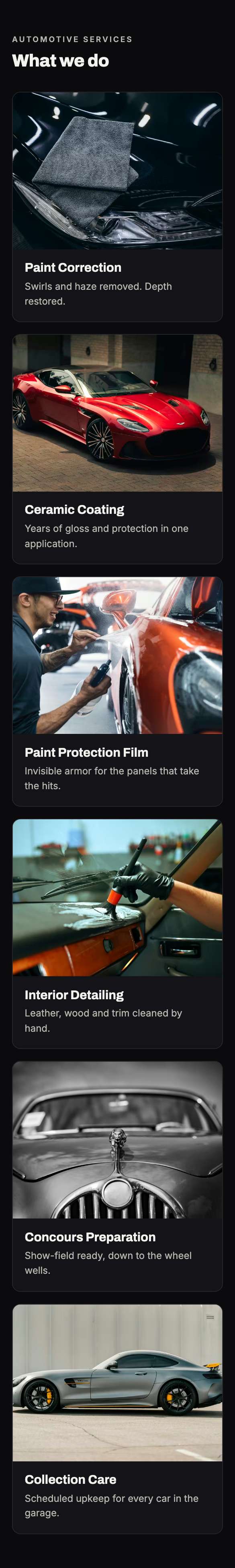 Halcyon Auto Atelier website on a phone. Services: One short line per service, each with a photo.
