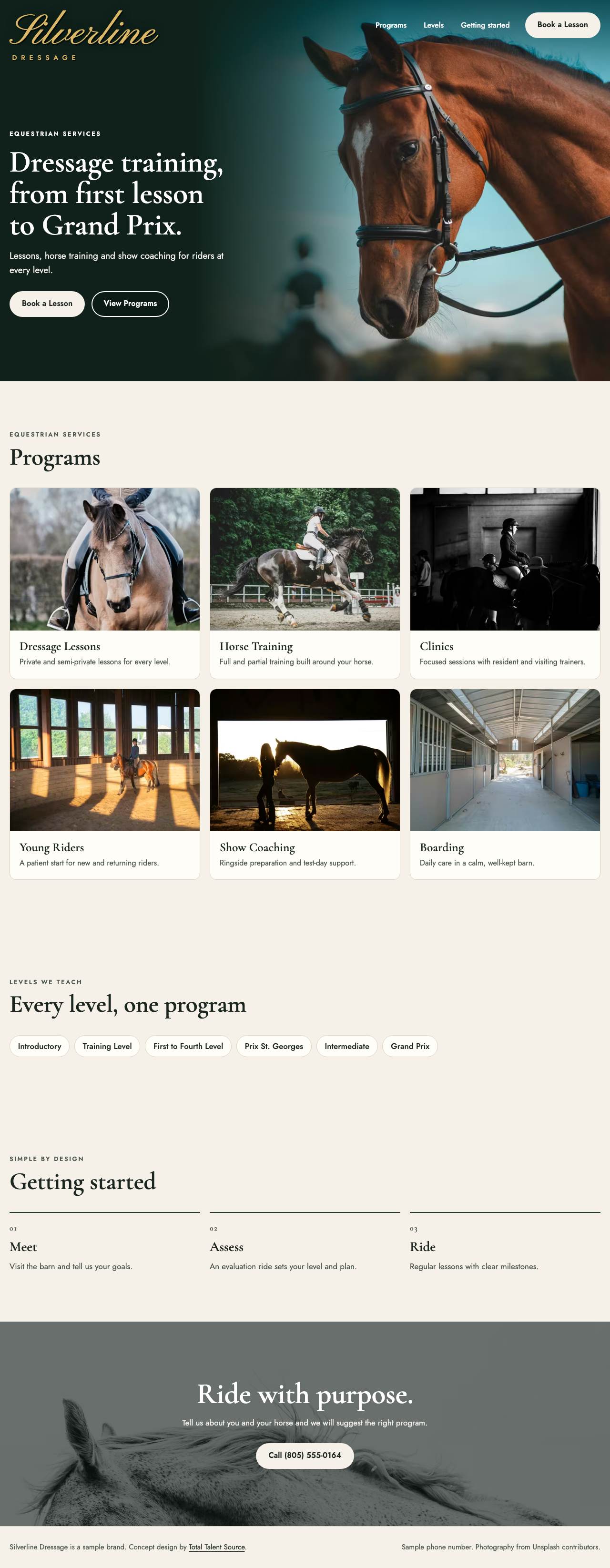 Silverline Dressage website on a computer. Full page: The whole landing page.