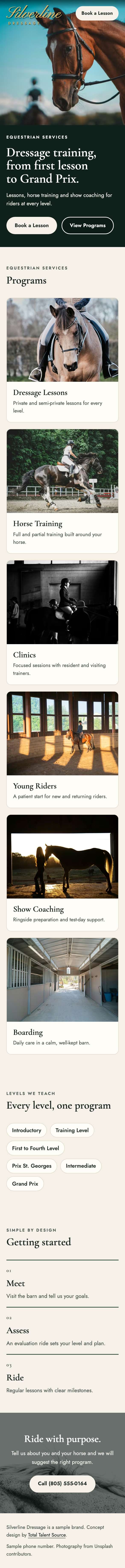 Silverline Dressage website on a phone. Full page: The whole landing page.
