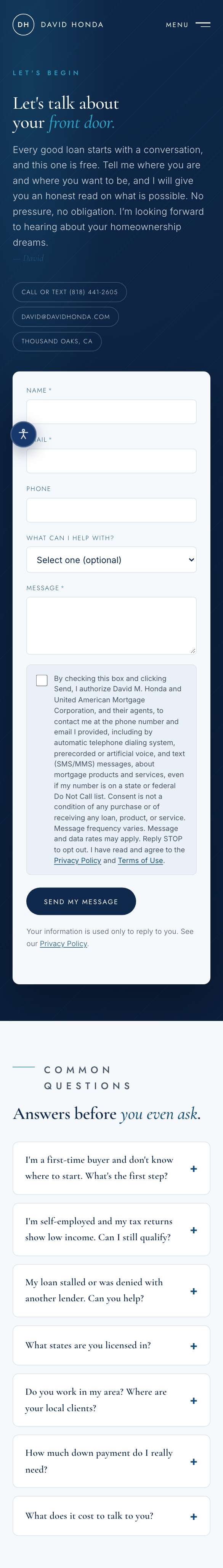 David Honda website on a phone. Request form and booking: A contact form and answers to common questions. On the live page a booking calendar follows, for picking a time.