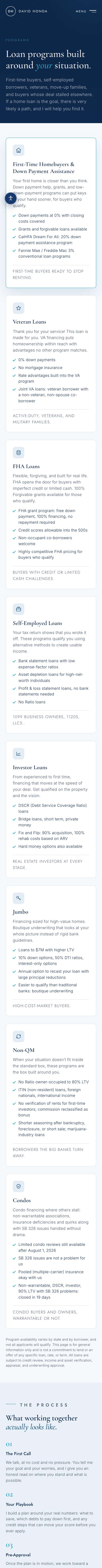 David Honda website on a phone. Loan programs: One page for the loan programs he offers.