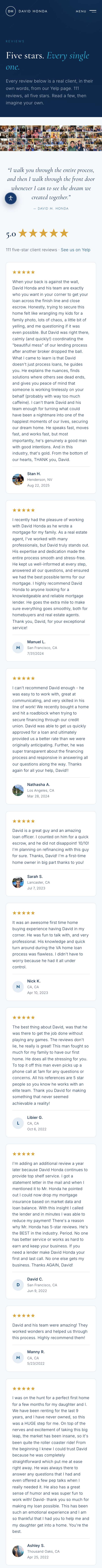 David Honda website on a phone. Reviews: Client reviews from his Yelp page, shown on his own site under a collage of client photos.