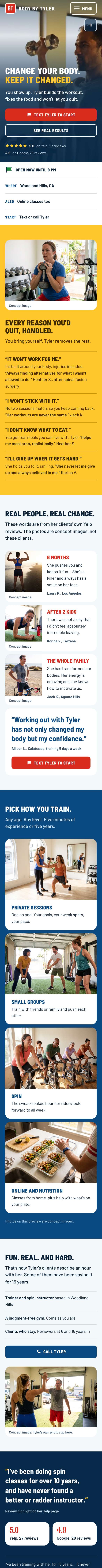 Body By Tyler website on a phone. Full page: The whole landing page, with a video in the first screen.