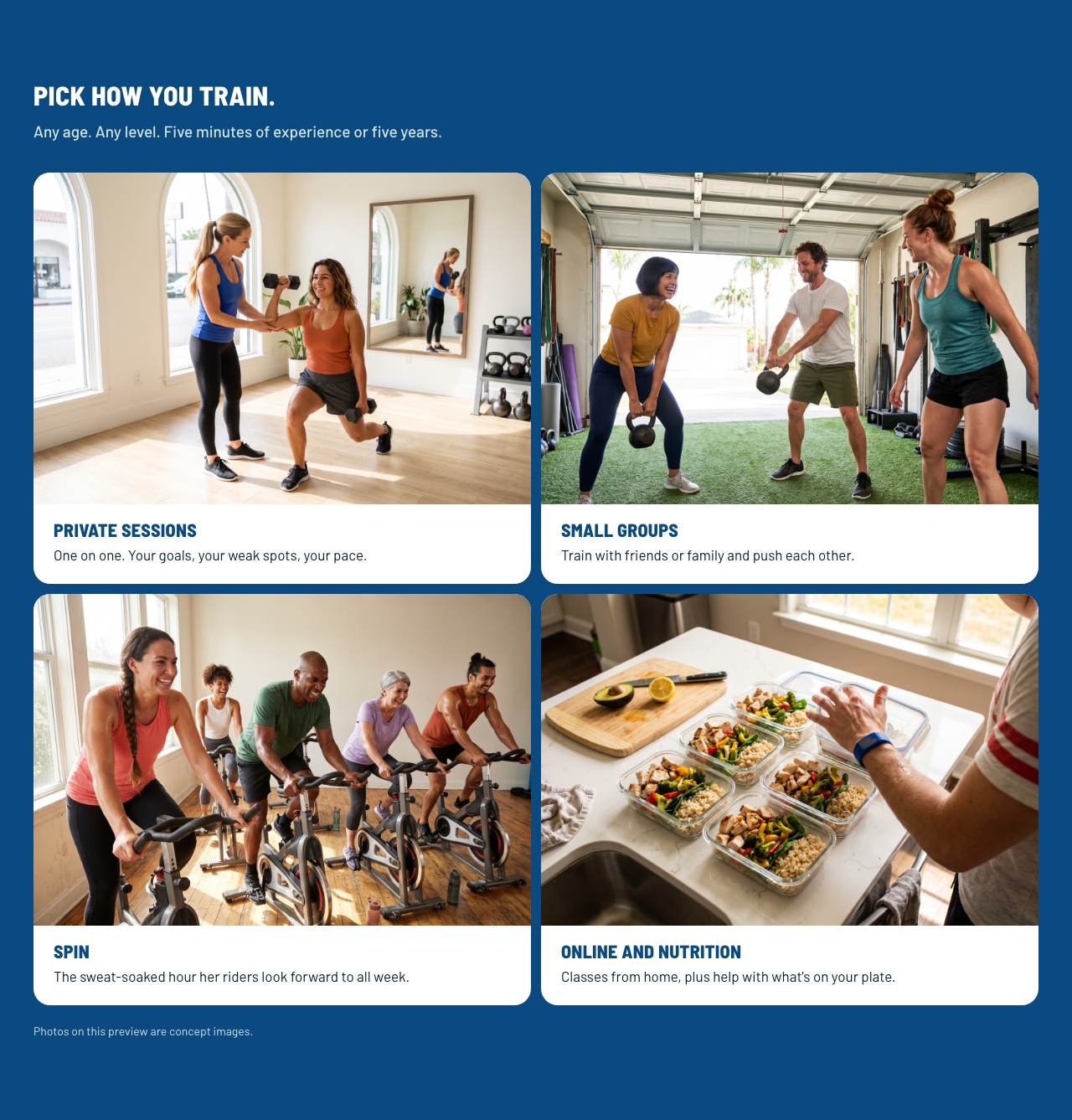Body By Tyler website on a computer. Ways to train: Four ways to train, each with a photo and one short line.