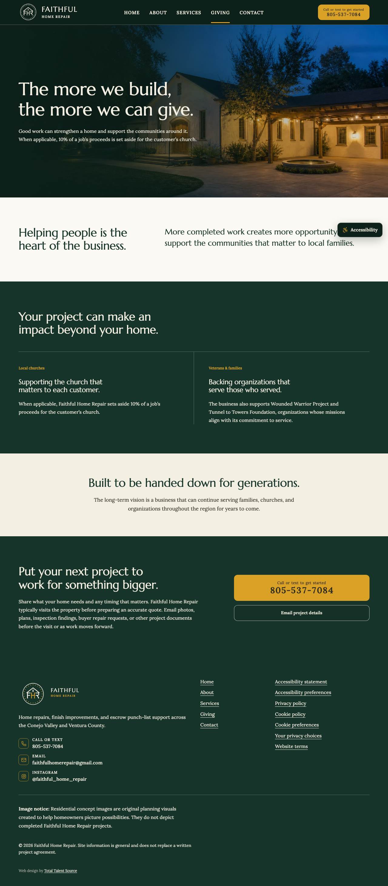 Faithful Home Repair website on a computer. Giving: A page for the giving program behind the business.