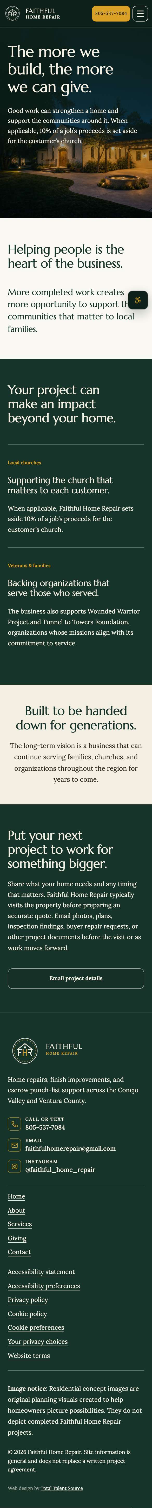 Faithful Home Repair website on a phone. Giving: A page for the giving program behind the business.