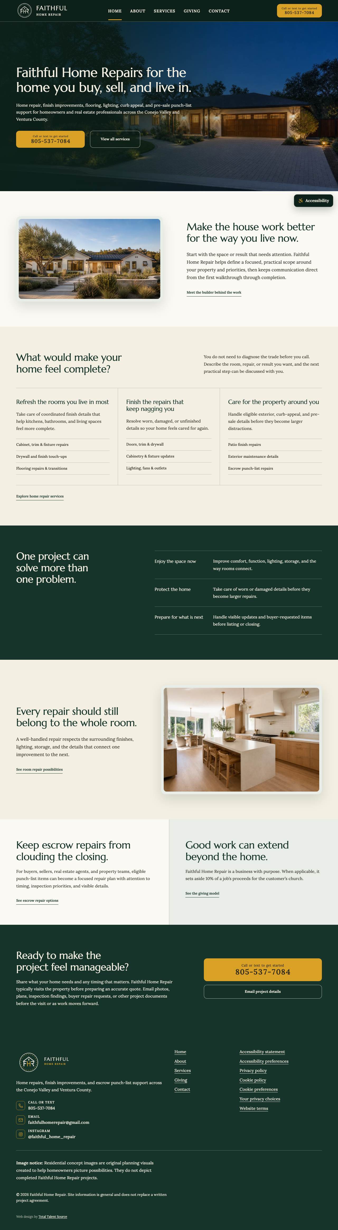 Faithful Home Repair website on a computer. Home: The home page, with a call or text button in the first screen.