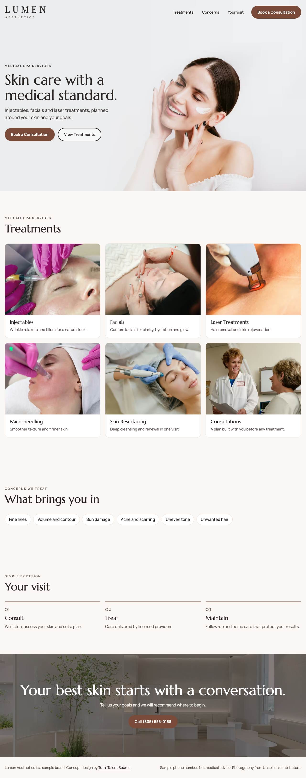 Lumen Aesthetics website on a computer. Full page: The whole landing page.