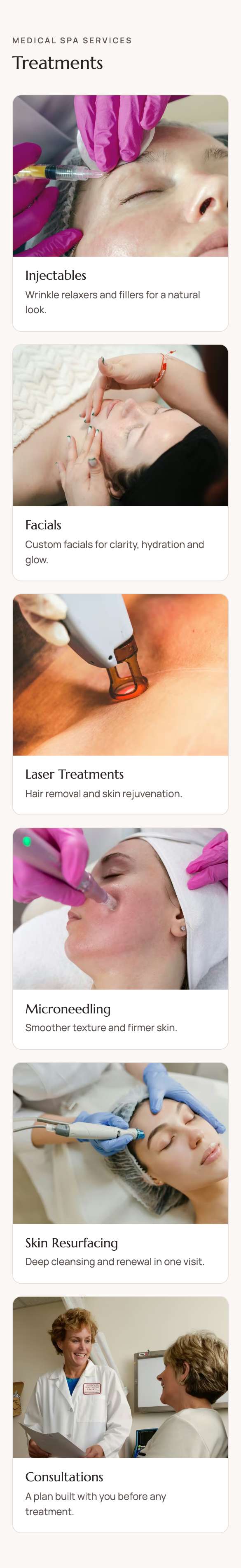 Lumen Aesthetics website on a phone. Treatments: One short line per treatment, each with a photo.