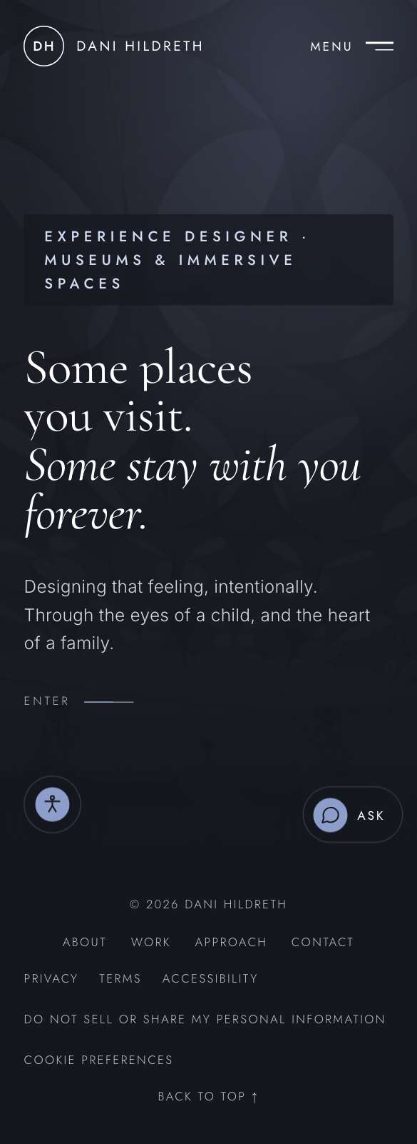 Dani Hildreth website on a phone. Home: The opening screen.
