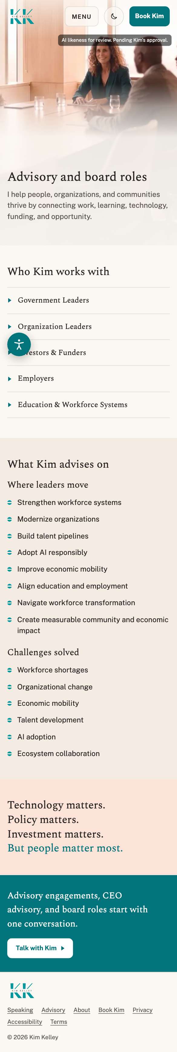 Kim Kelley website on a phone. Advisory: Who the advisory work is for and what it covers.