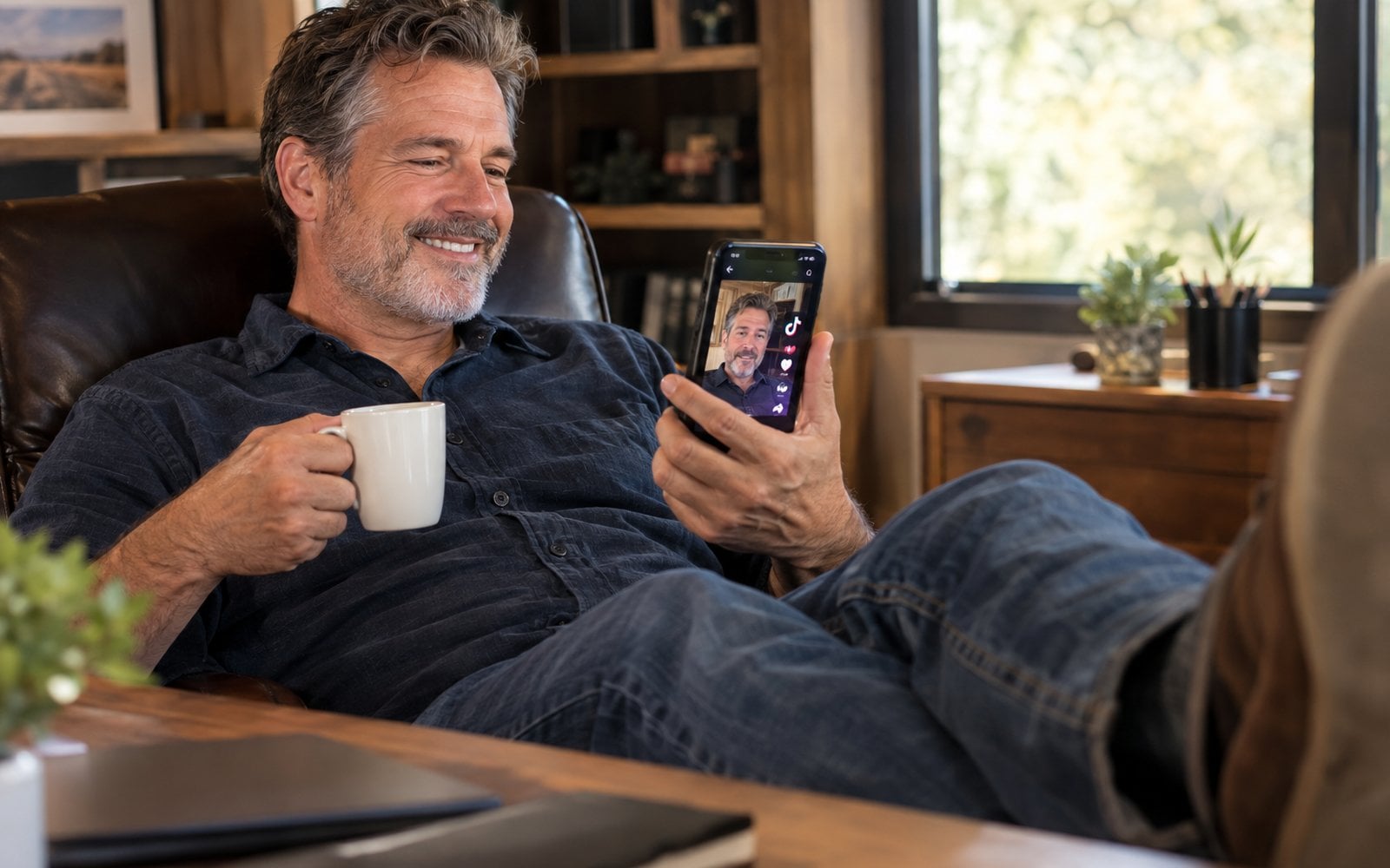 Relaxed small business owner alone in a tidy office leaning back with coffee, holding a phone that shows his own posted video with a TikTok icon