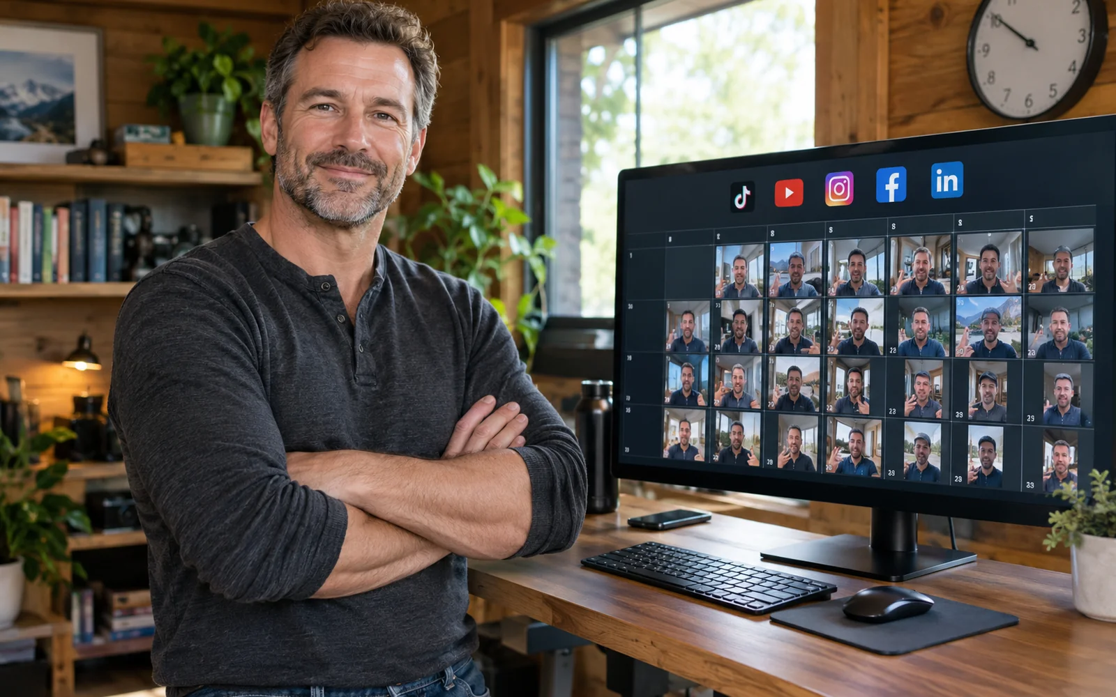 Man at a standing desk with arms crossed, satisfied, large monitor beside him showing a monthly calendar grid with a video thumbnail of him on every day