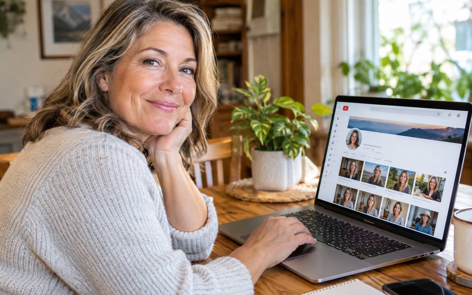 Woman at her kitchen table in morning light, laptop showing a YouTube channel page filled with video thumbnails of her own face