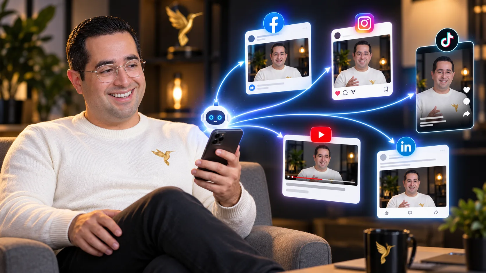 Jonathan on his couch with his phone while his AI avatar videos post to Facebook, Instagram, TikTok, YouTube and LinkedIn. Sign up to watch the training.