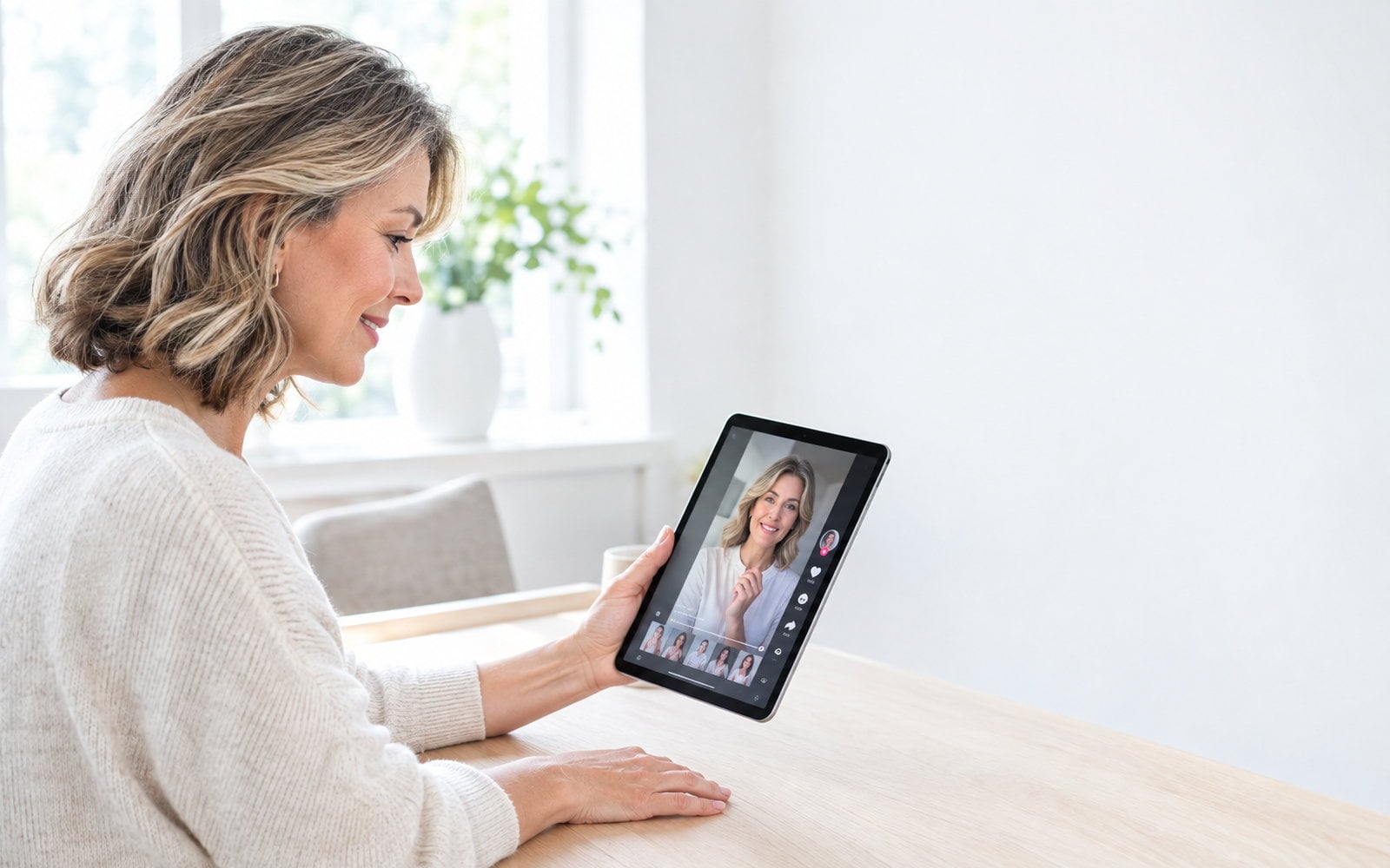 Woman at a pale wood table by a bright window holding a tablet, calmly reviewing a short vertical video of herself while her other hand rests on the table