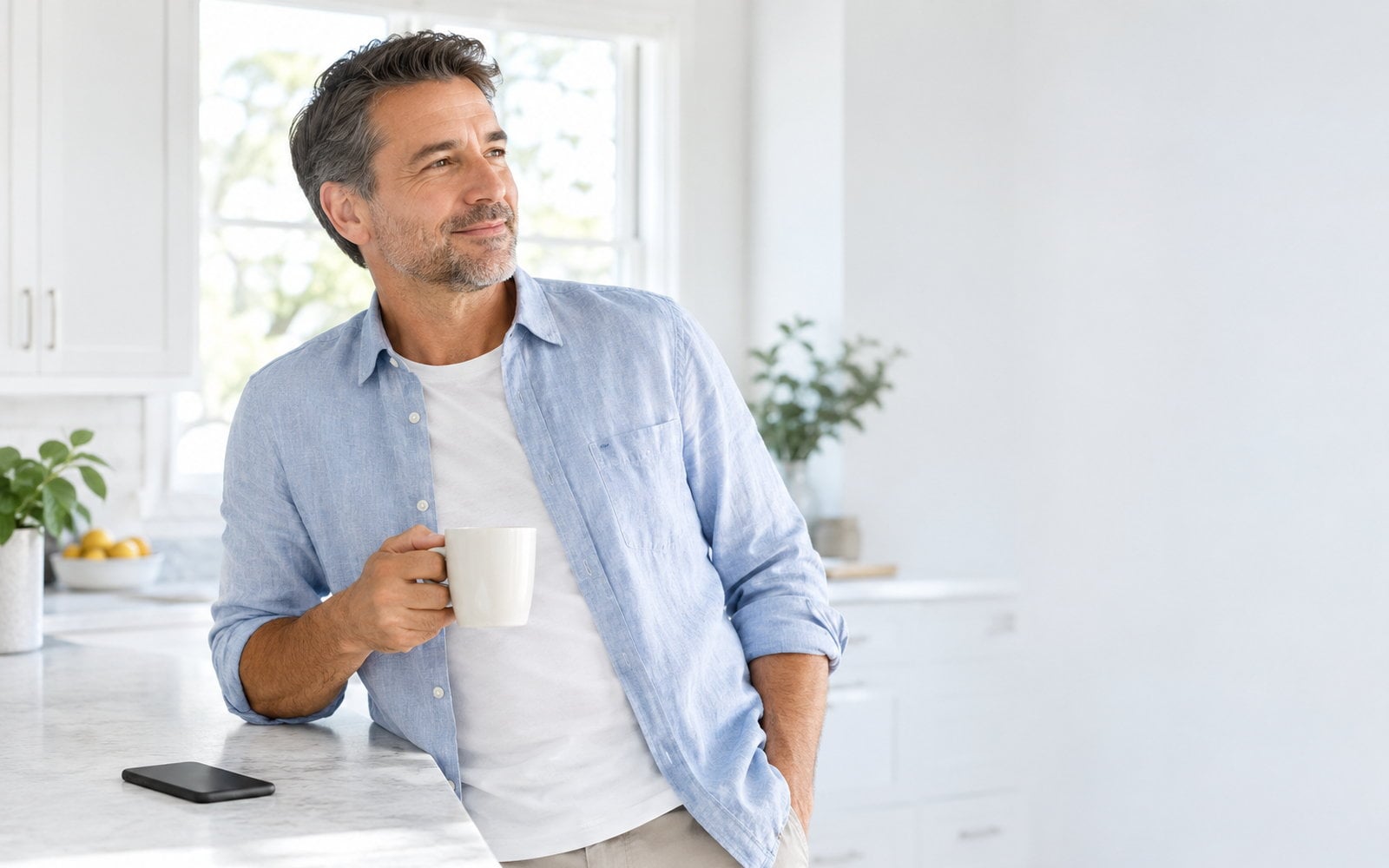 Man in a bright white kitchen holding a coffee mug and looking out the window, relaxed, his phone lying face down on the counter beside him
