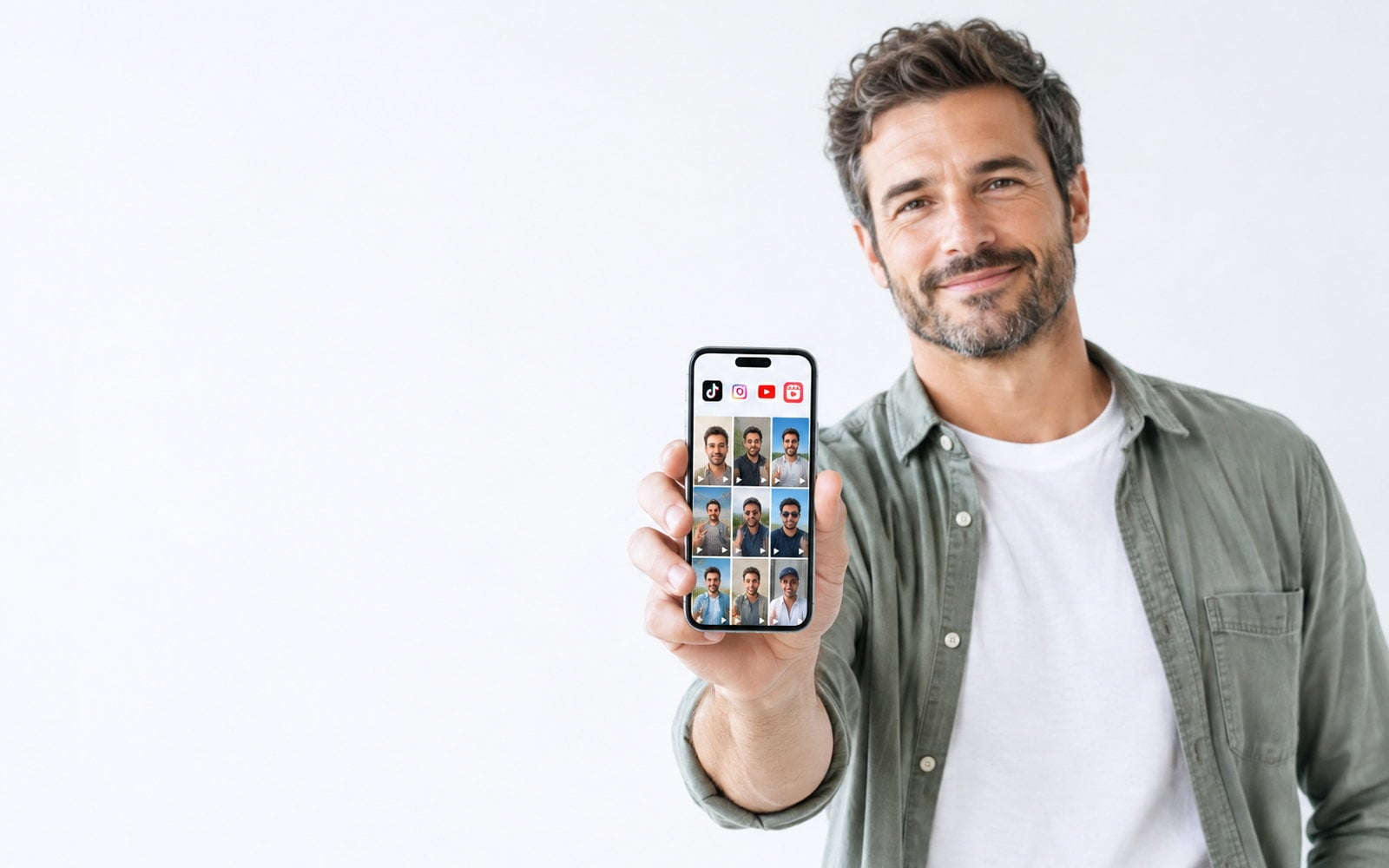 Man in a bright white studio space holding a phone toward the camera, its screen showing a grid of his own short vertical videos under TikTok, Instagram and YouTube icons